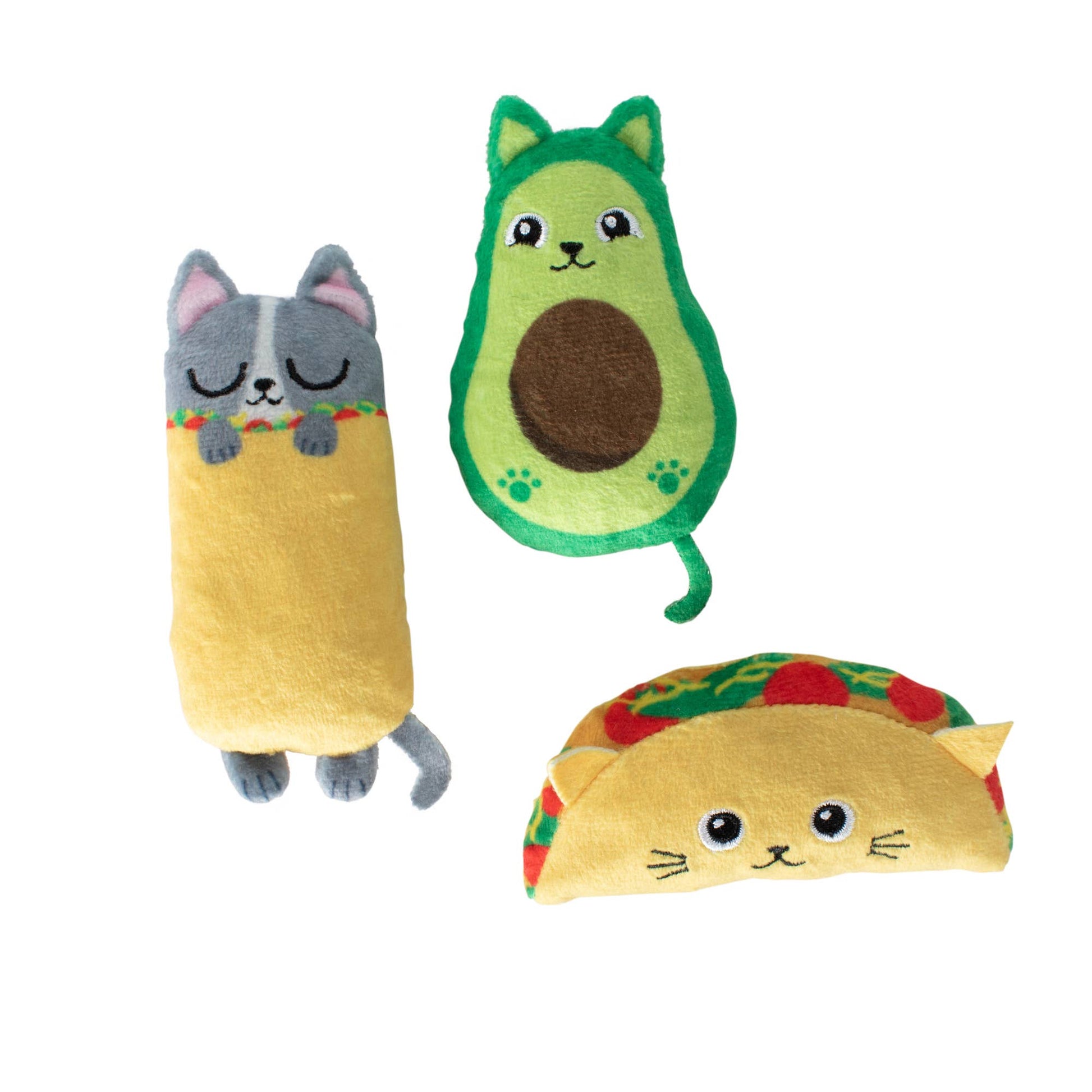 Three plush toys shaped like a cat in a taco, an avocado, and a cat in a taco on a white background.