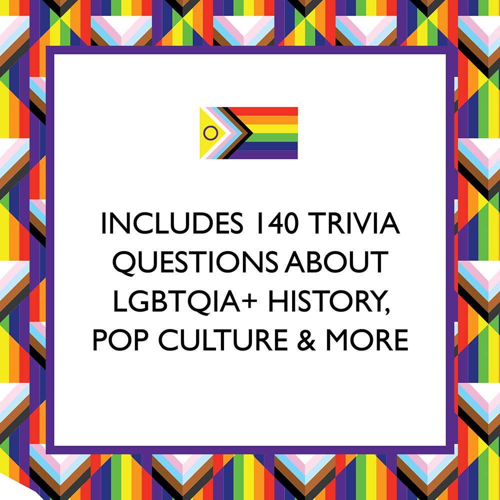 Trivia book cover with LGBTQIA+ flag and text about trivia questions on LGBTQIA+ history and pop culture.