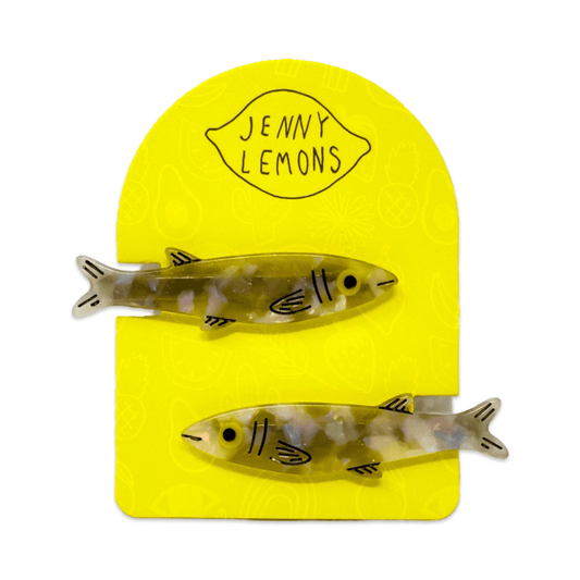 Two fish-shaped objects on a yellow card with 'Jenny Lemons' branding.