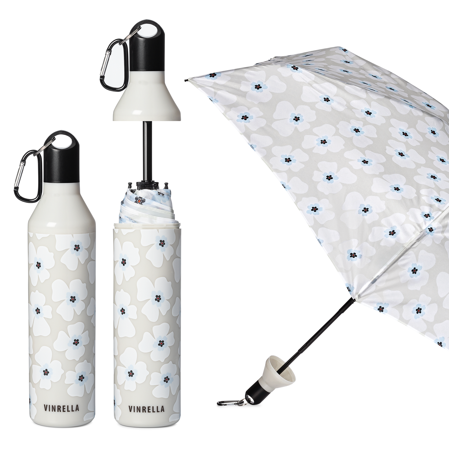 Vinrella umbrella and water bottle with floral design on a white background