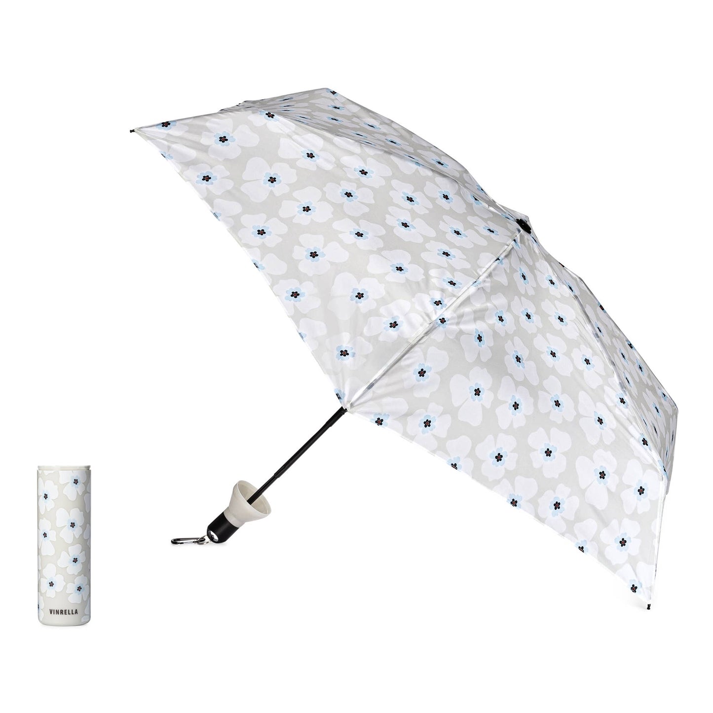 White umbrella with blue floral pattern and matching compact version on a white background