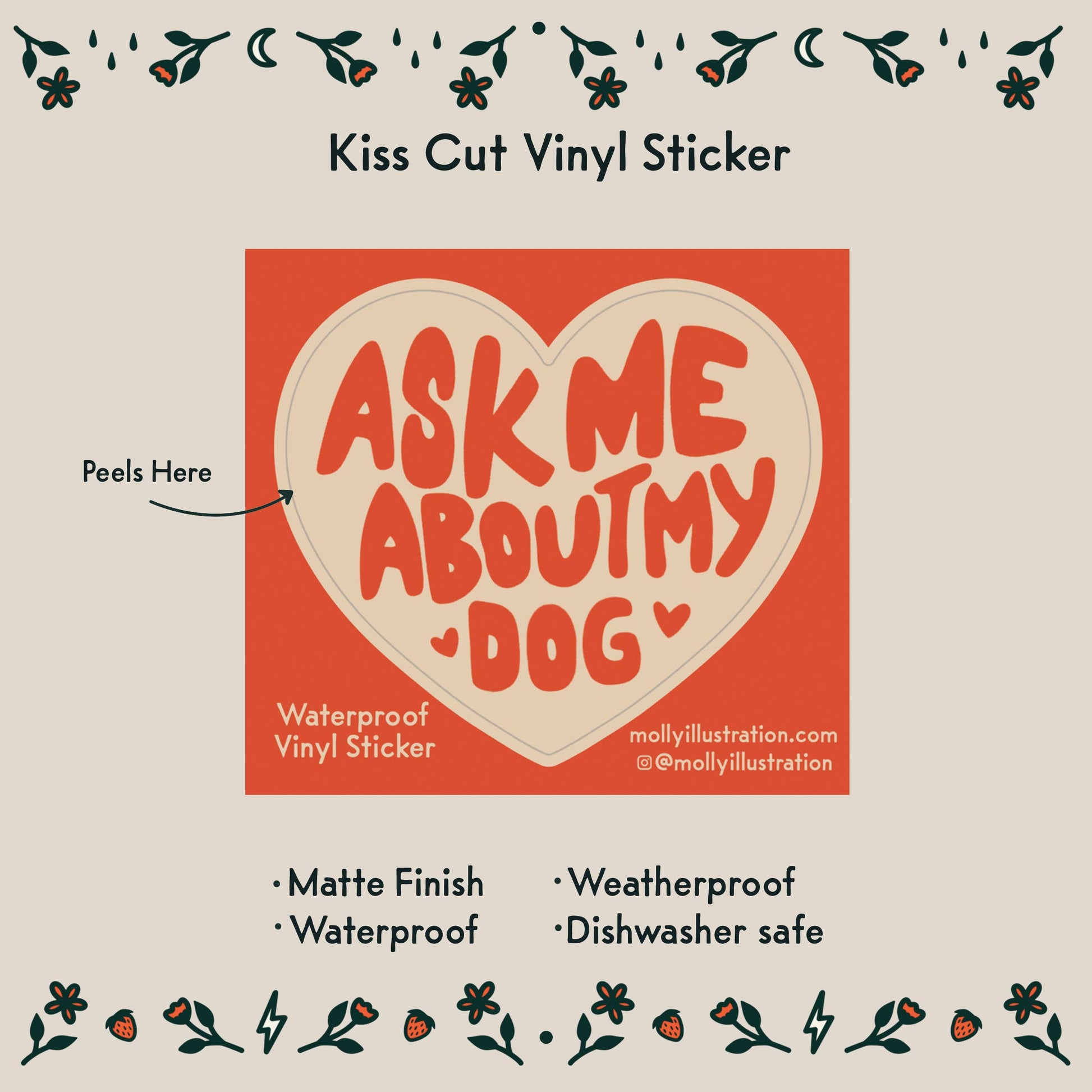 Vinyl sticker with heart design and text 'Ask Me About My Dog' on a beige background