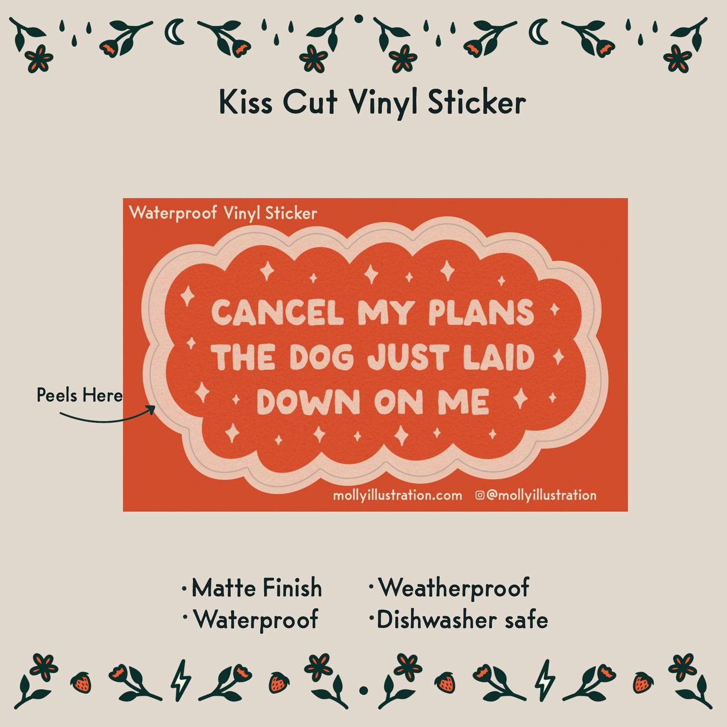 Vinyl sticker with humorous text on a beige background