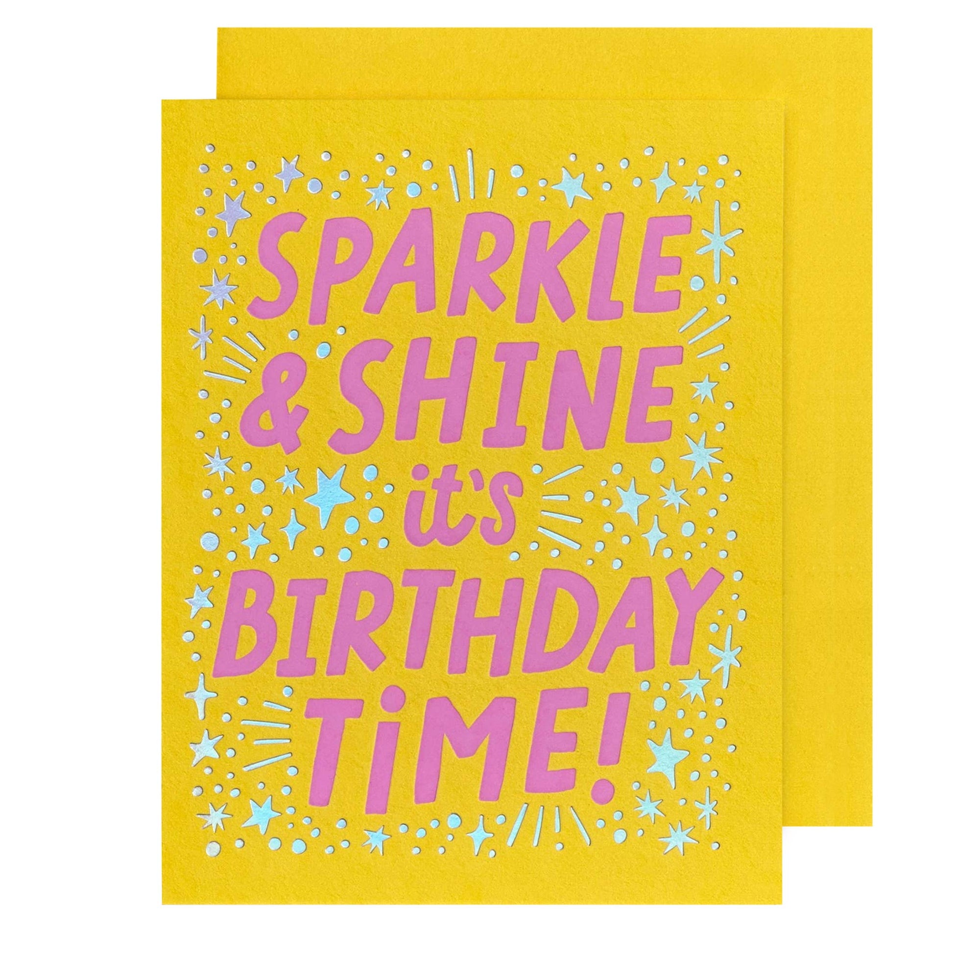 Yellow card with pink text 'Sparkle & Shine it's Birthday Time!' on a white background