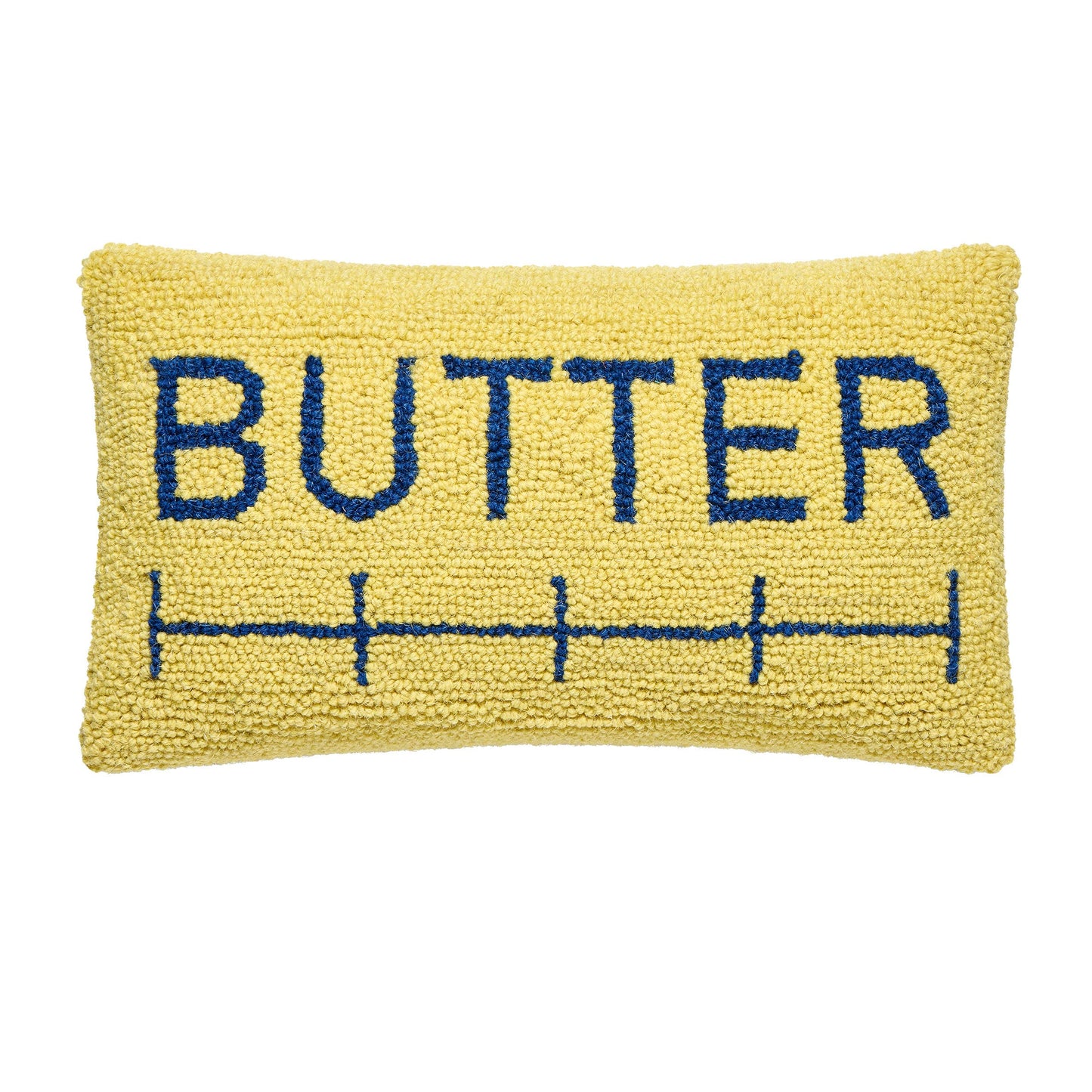 Yellow pillow with 'BUTTER' text on a white background