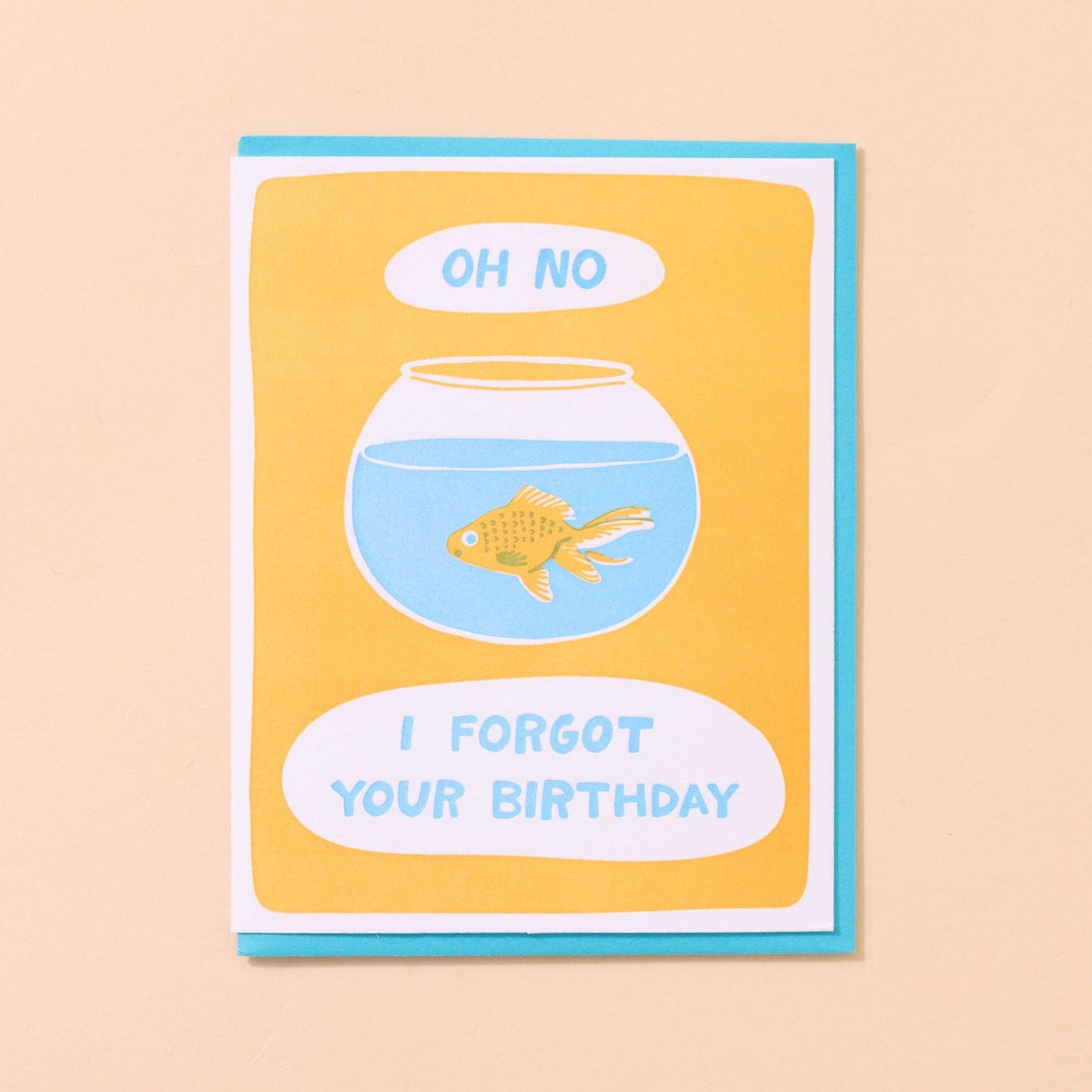 Greeting card with a fishbowl and goldfish illustration on a beige background