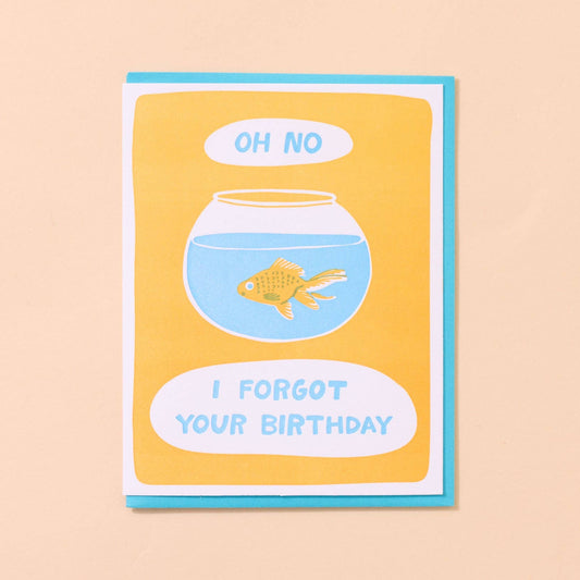 Greeting card with a fishbowl and goldfish illustration on a beige background