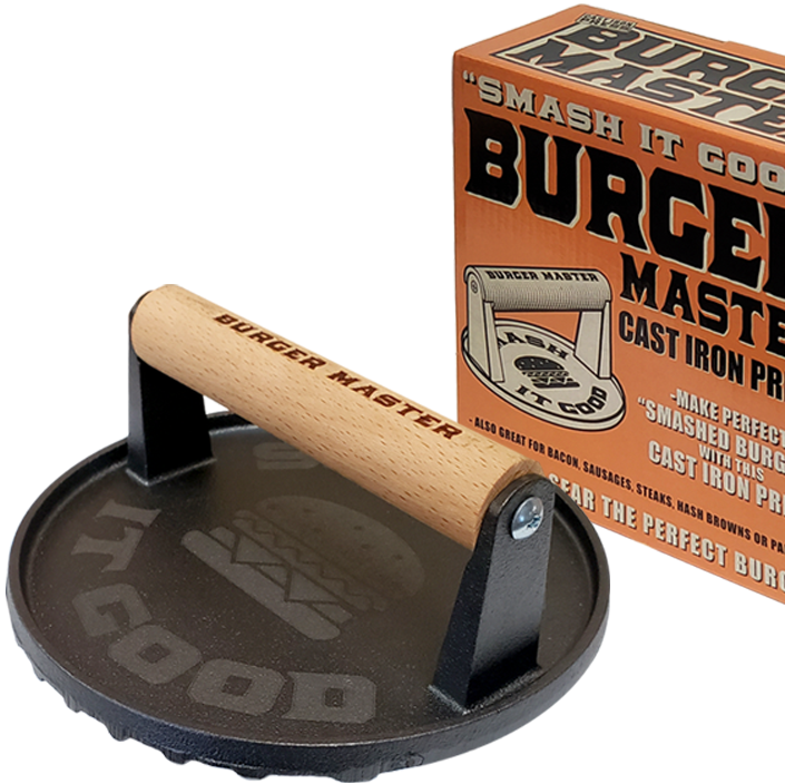 Burger Master cast iron press with packaging on a white background