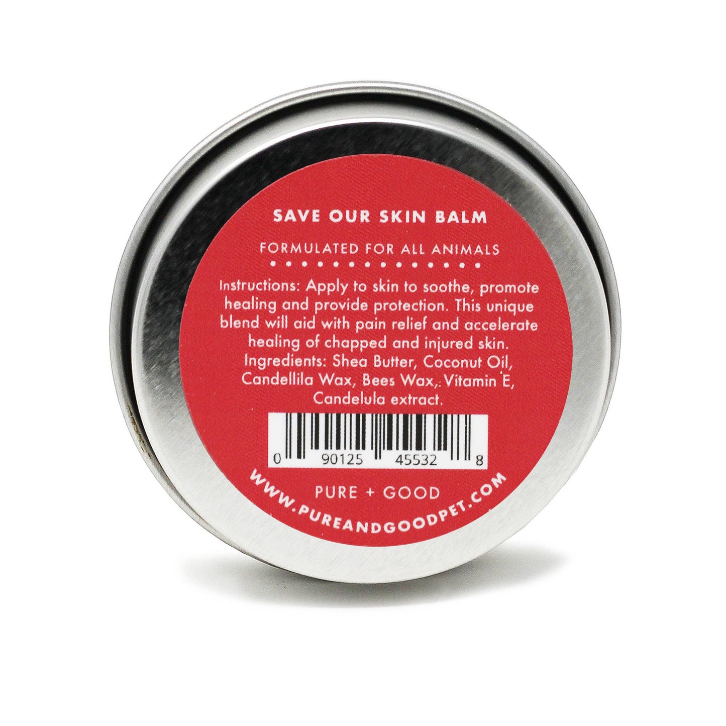 Balm tin with red label on a white background