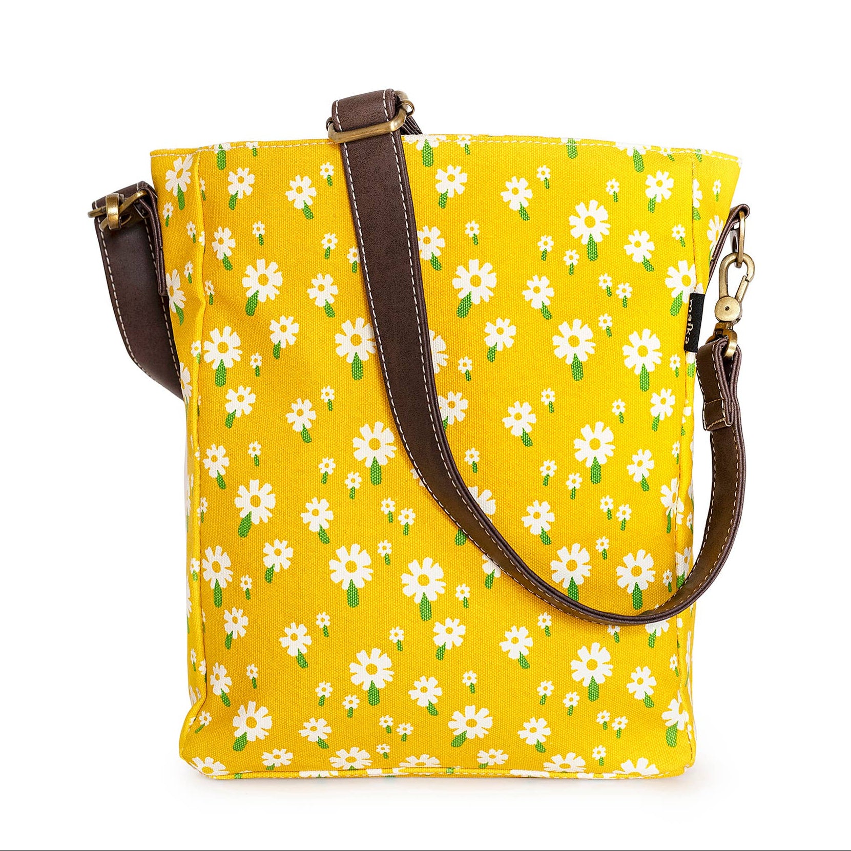 Yellow floral-patterned handbag with brown strap on a white background