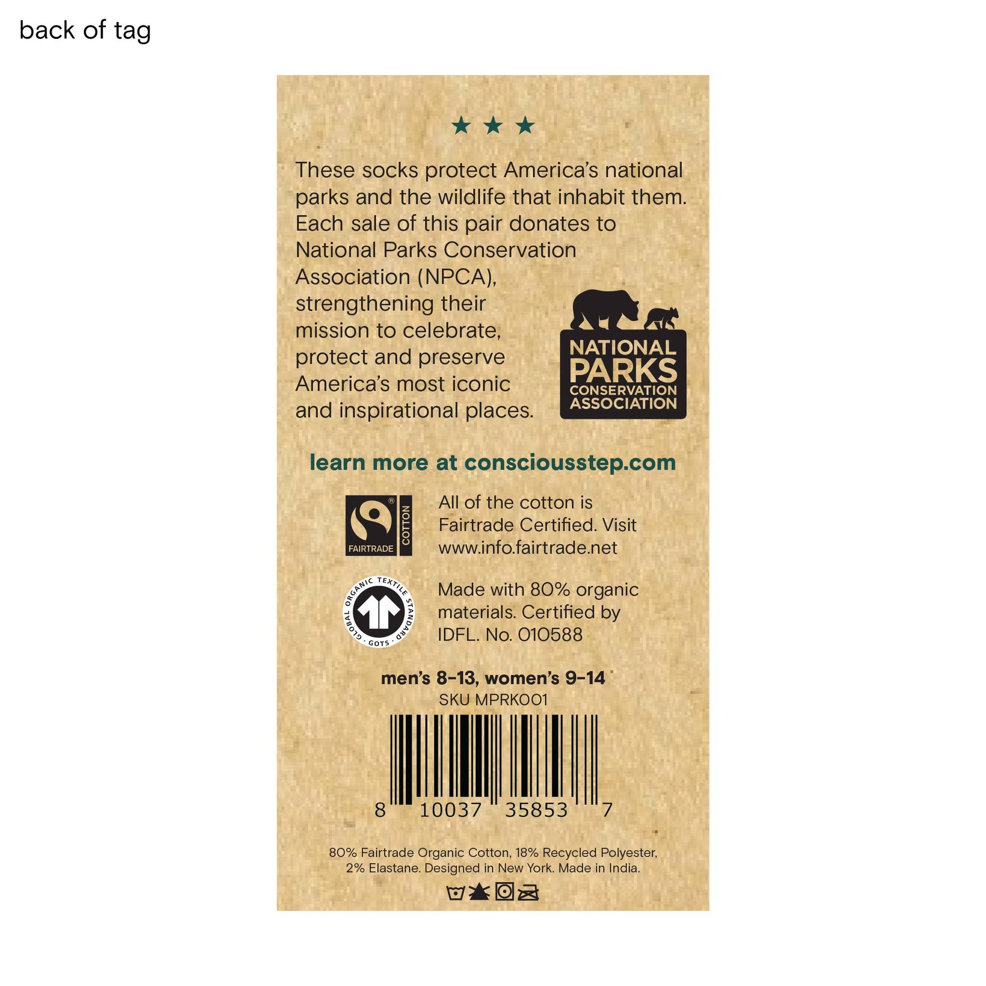 Back of a sock tag with branding and information about National Parks Conservation Association and Fairtrade certification.