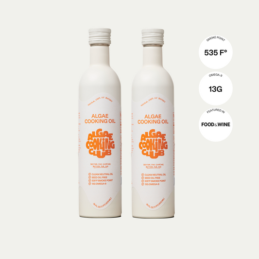 Two bottles of Algae Cooking Oil on a white background with text and icons.