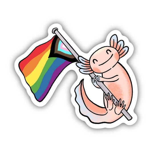 Sticker of a axolotl holding a rainbow flag on a white background