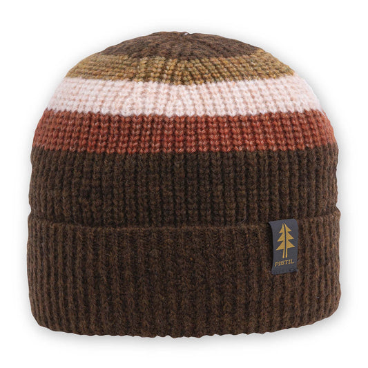 Knitted beanie with brown, beige, and white stripes on a white background