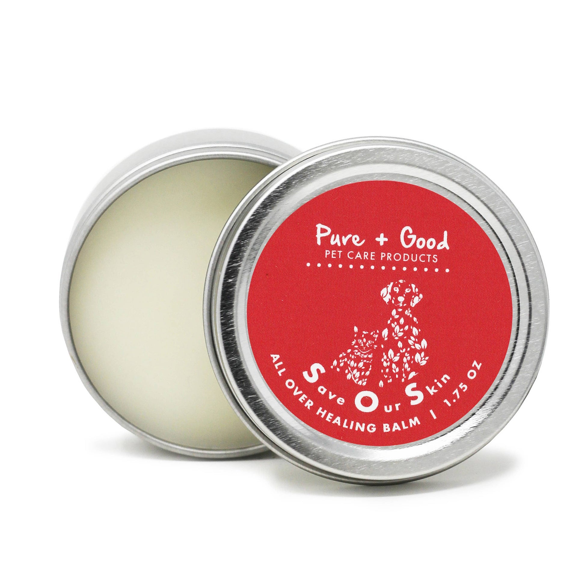 Balm container with red label on a white background