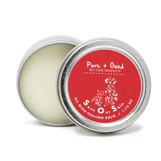 Balm container with red label on a white background
