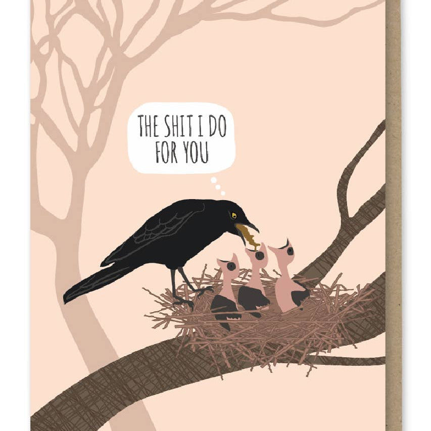 Card with a crow feeding chicks from a nest, set against a tree branch and leafless tree background.