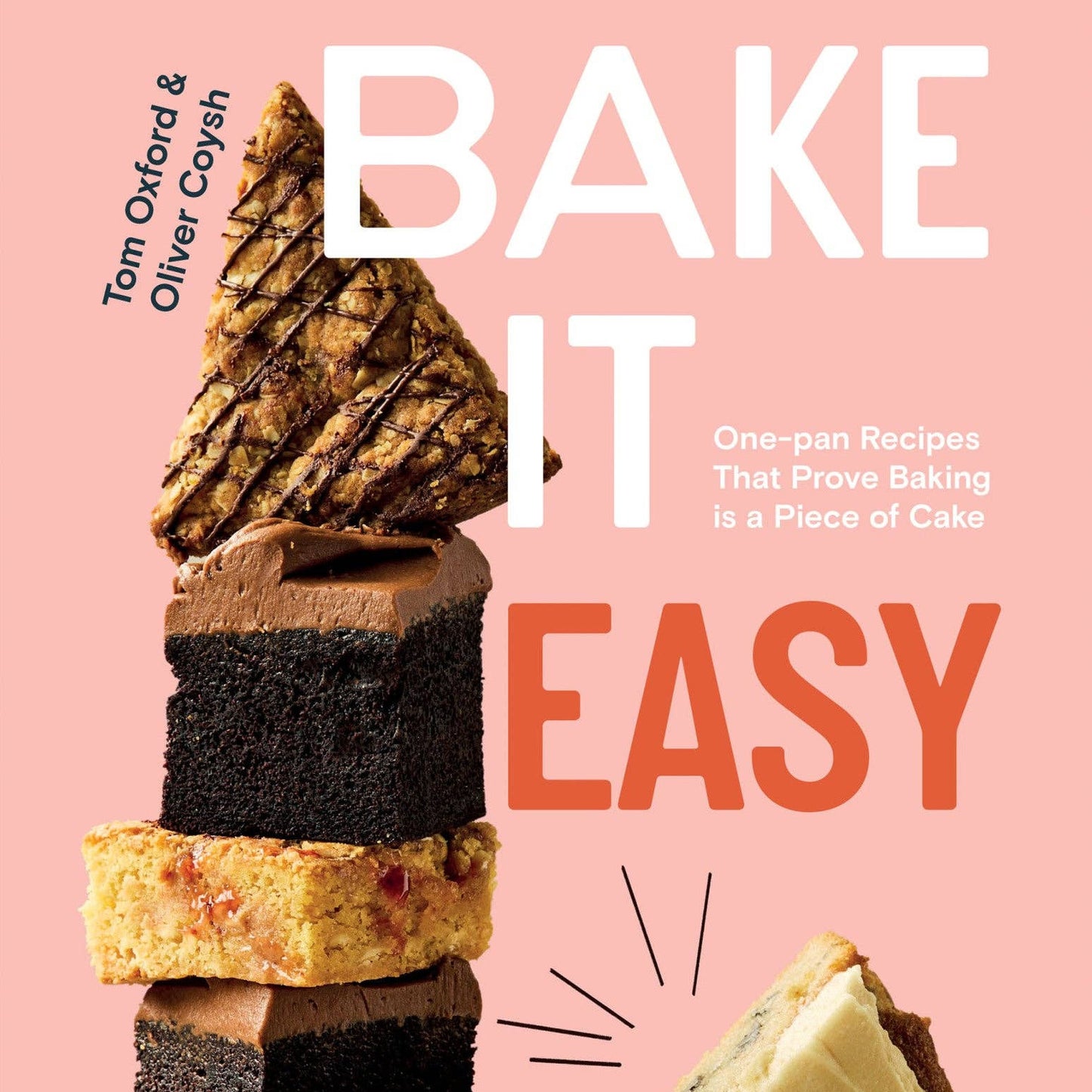 Book cover of 'Bake It Easy' with a stack of layered cakes on a pink background