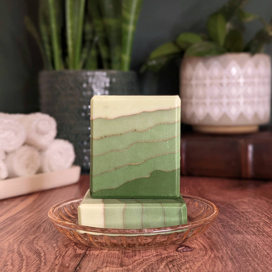 Green and beige striped soap bar on a glass dish with plants in the background