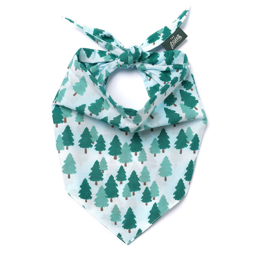 Dog bandana with green tree pattern on a white background