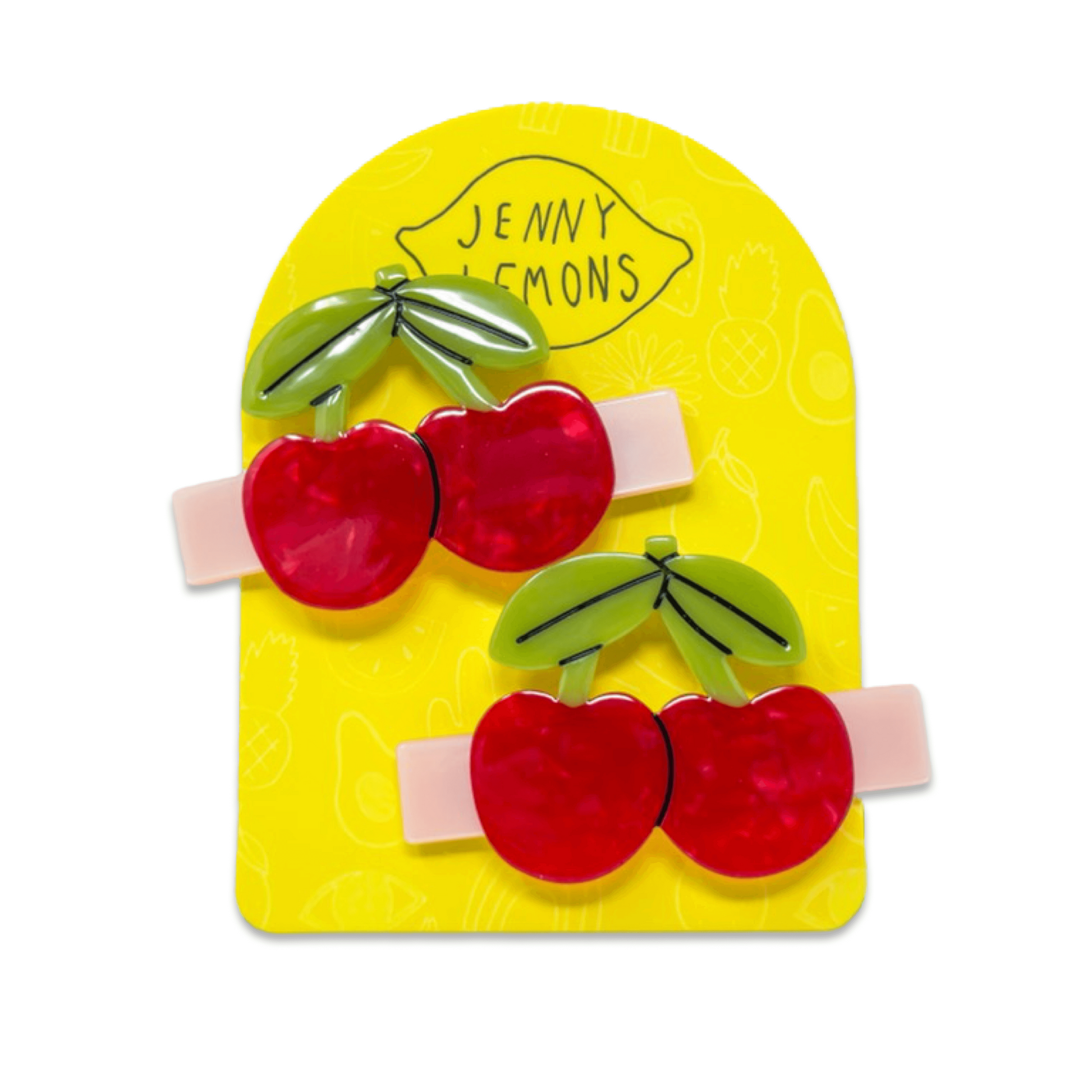 Two red cherry-shaped hair clips on a yellow card with 'Jenny Lemons' branding.