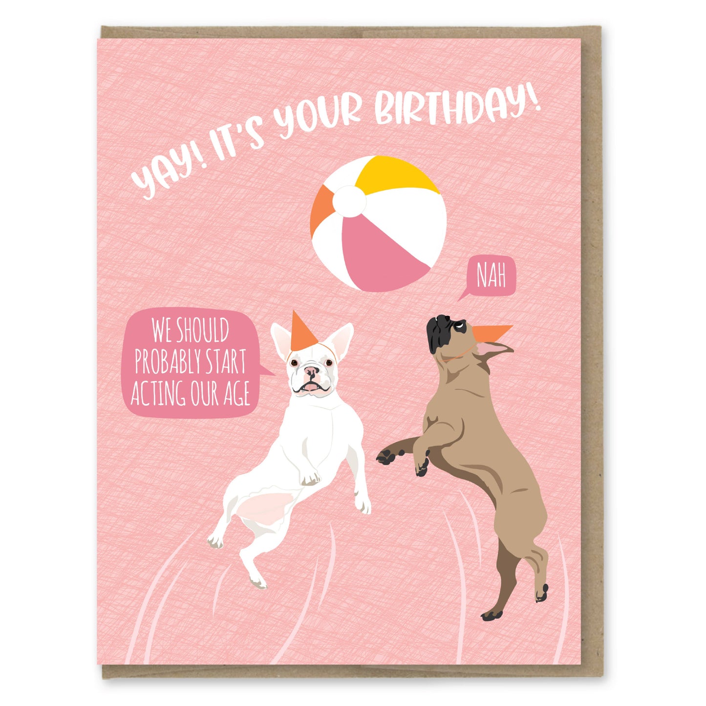 Birthday card with two dogs and a beach ball on a pink background
