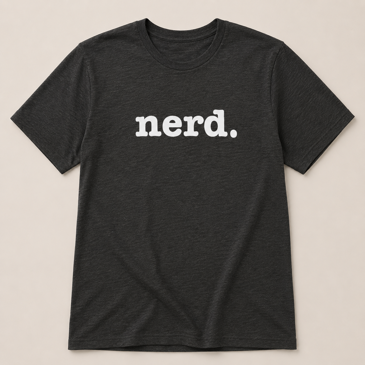 Black t-shirt with 'nerd.' text on a beige background
