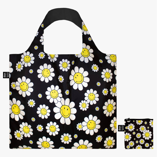 Reusable shopping bag with smiley flower pattern on a black background