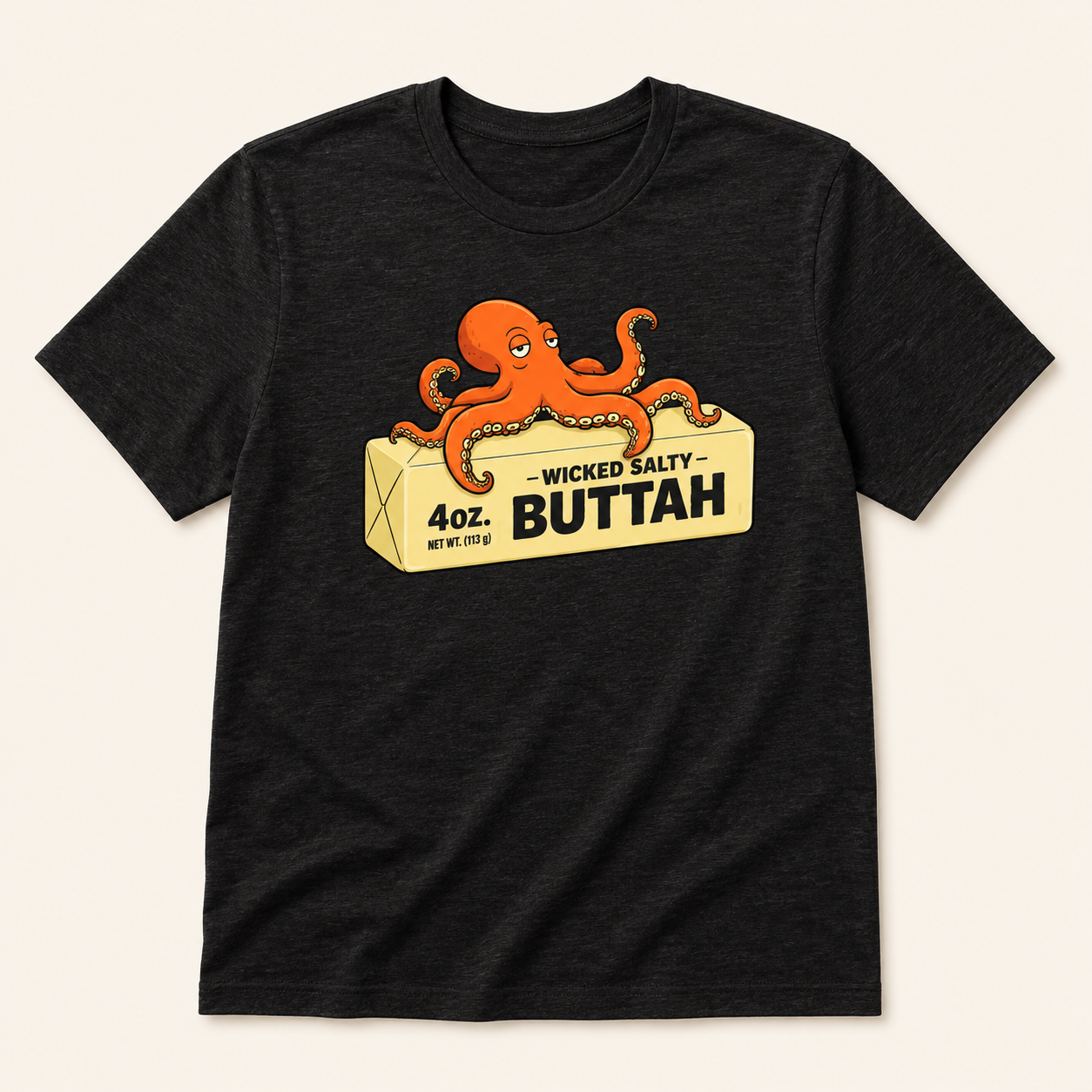 Black t-shirt with an octopus design on a beige background