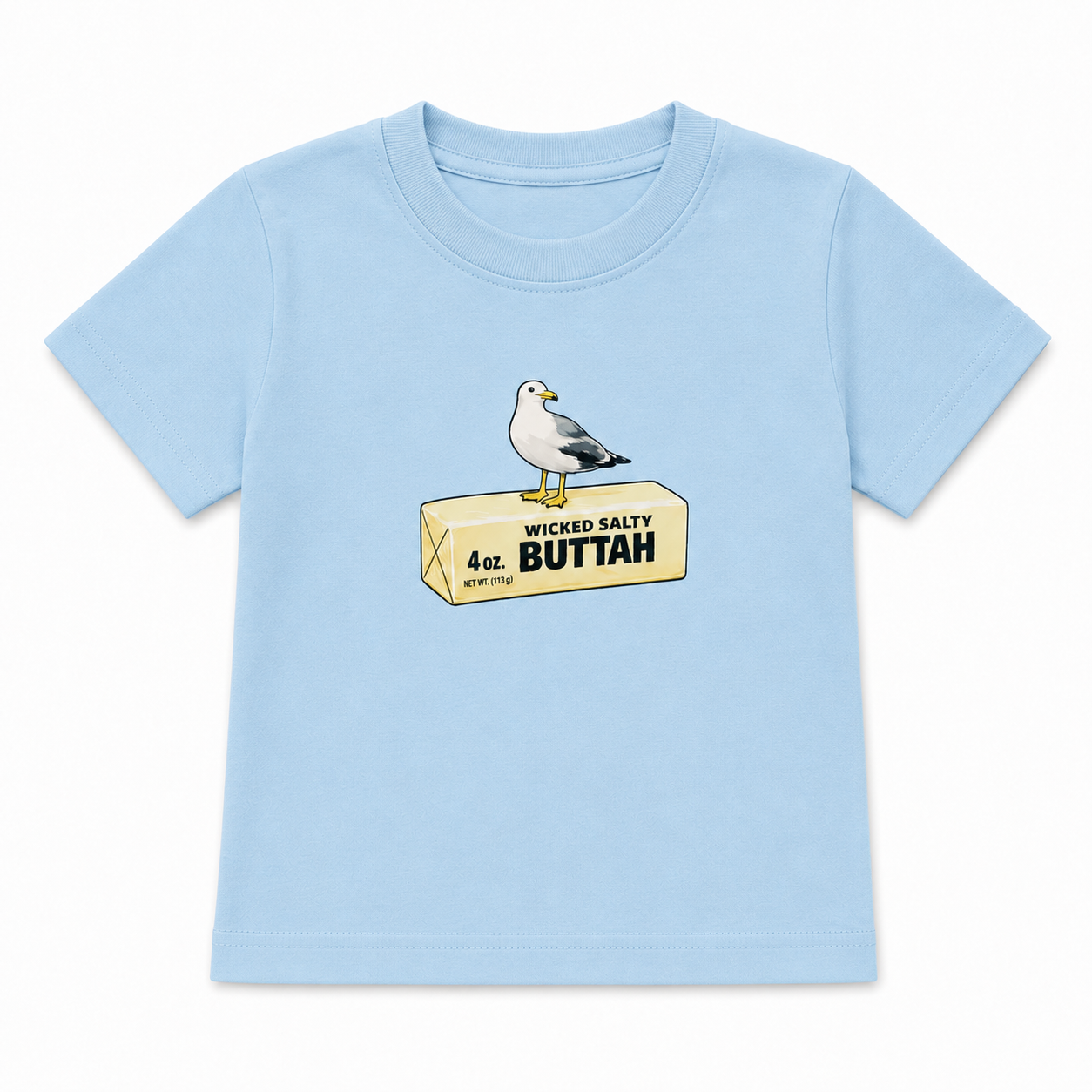 Light blue t-shirt with a graphic of a seagull and 'Wicked Salty Buttah' text on a white background