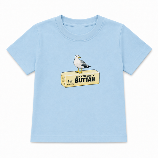 Light blue t-shirt with a graphic of a seagull and 'Wicked Salty Buttah' text on a white background