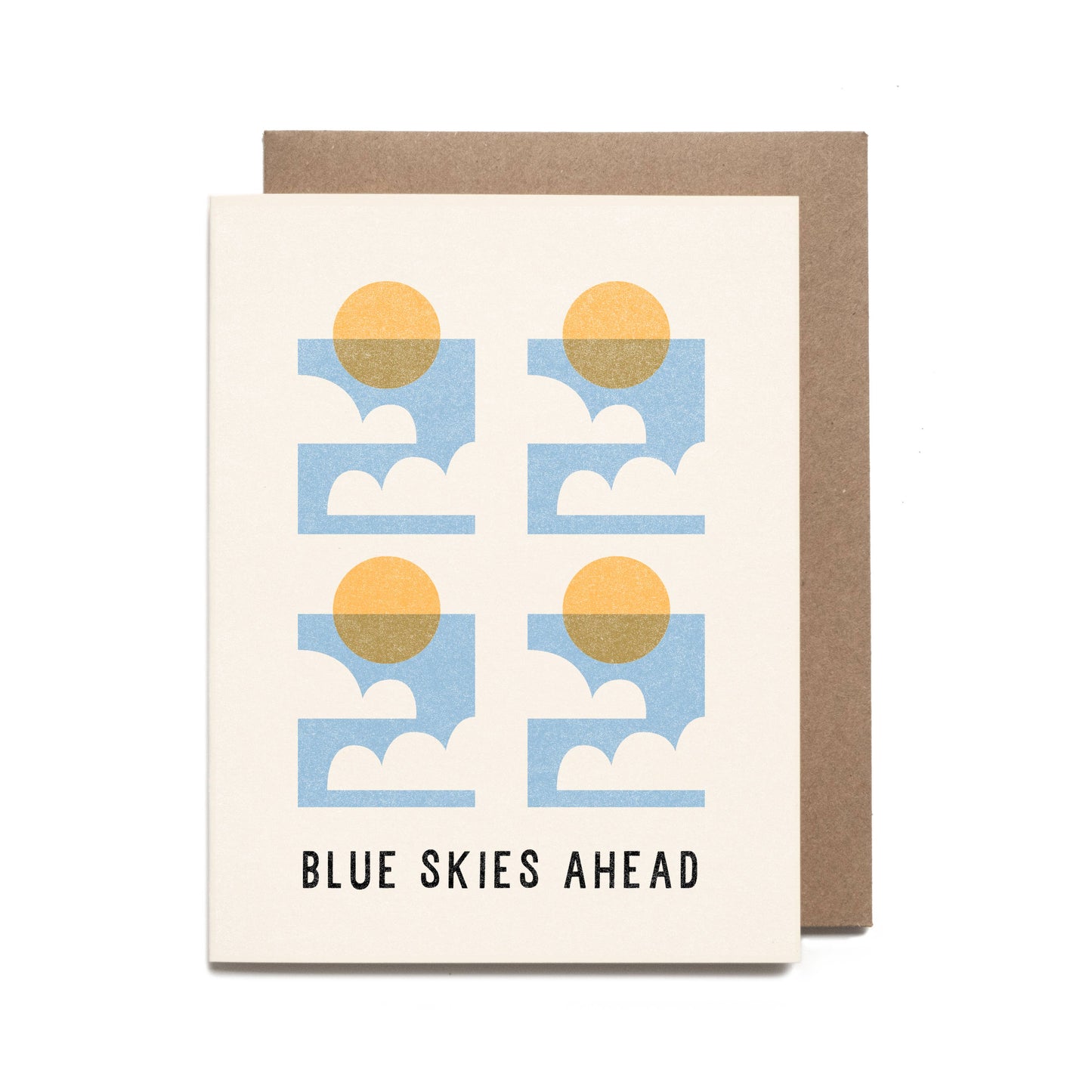 Card with sun and cloud design and 'Blue Skies Ahead' text on a white background