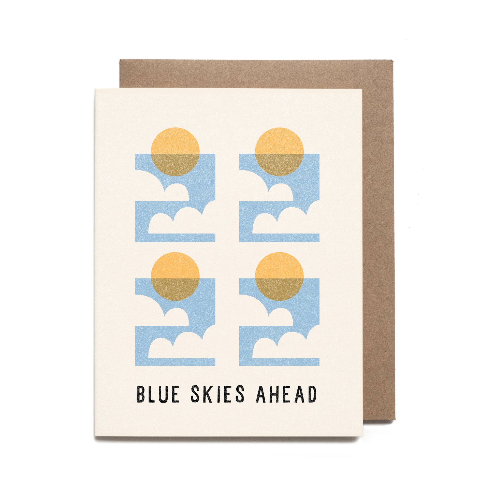 Card with sun and cloud design and 'Blue Skies Ahead' text on a white background