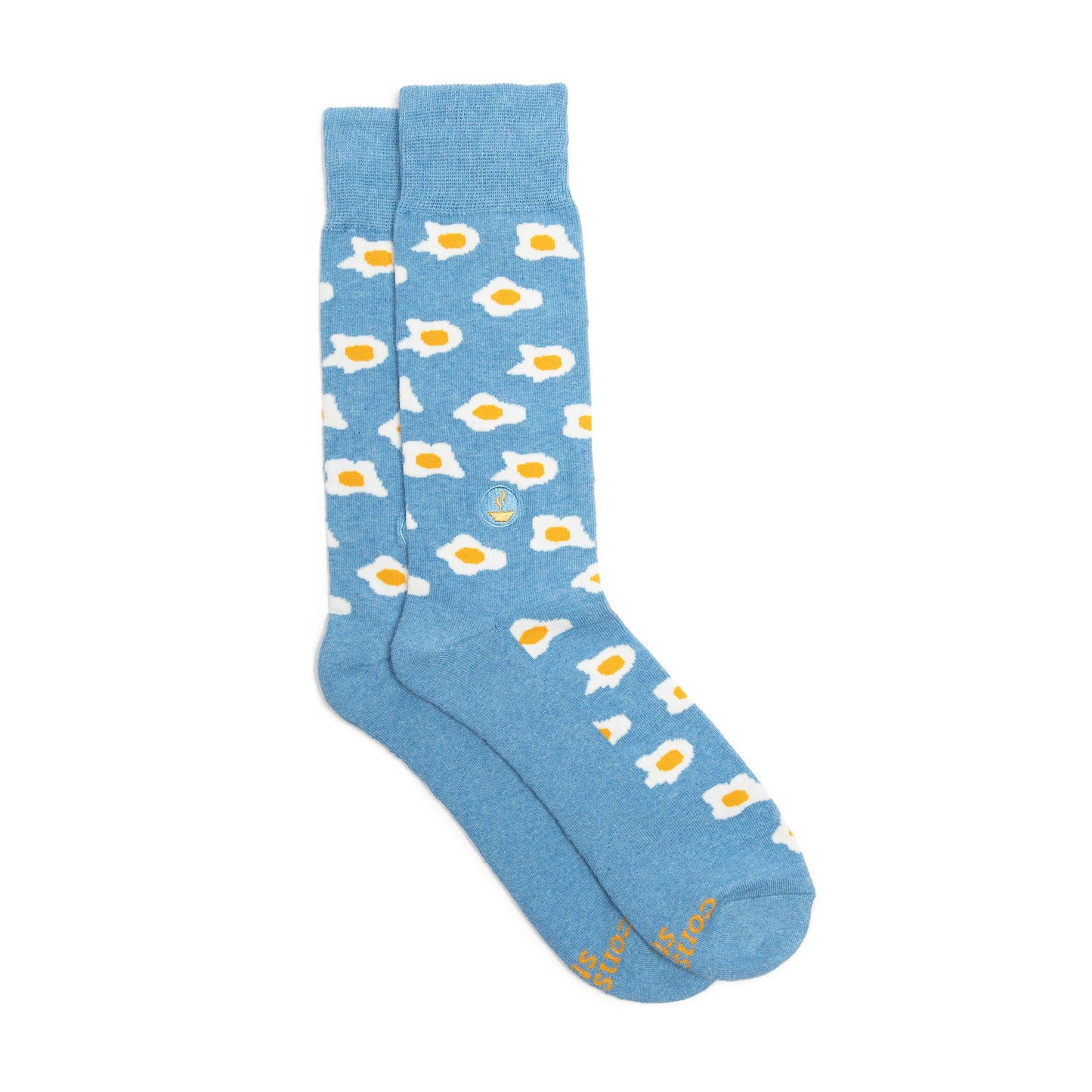 Blue socks with egg pattern on a white background