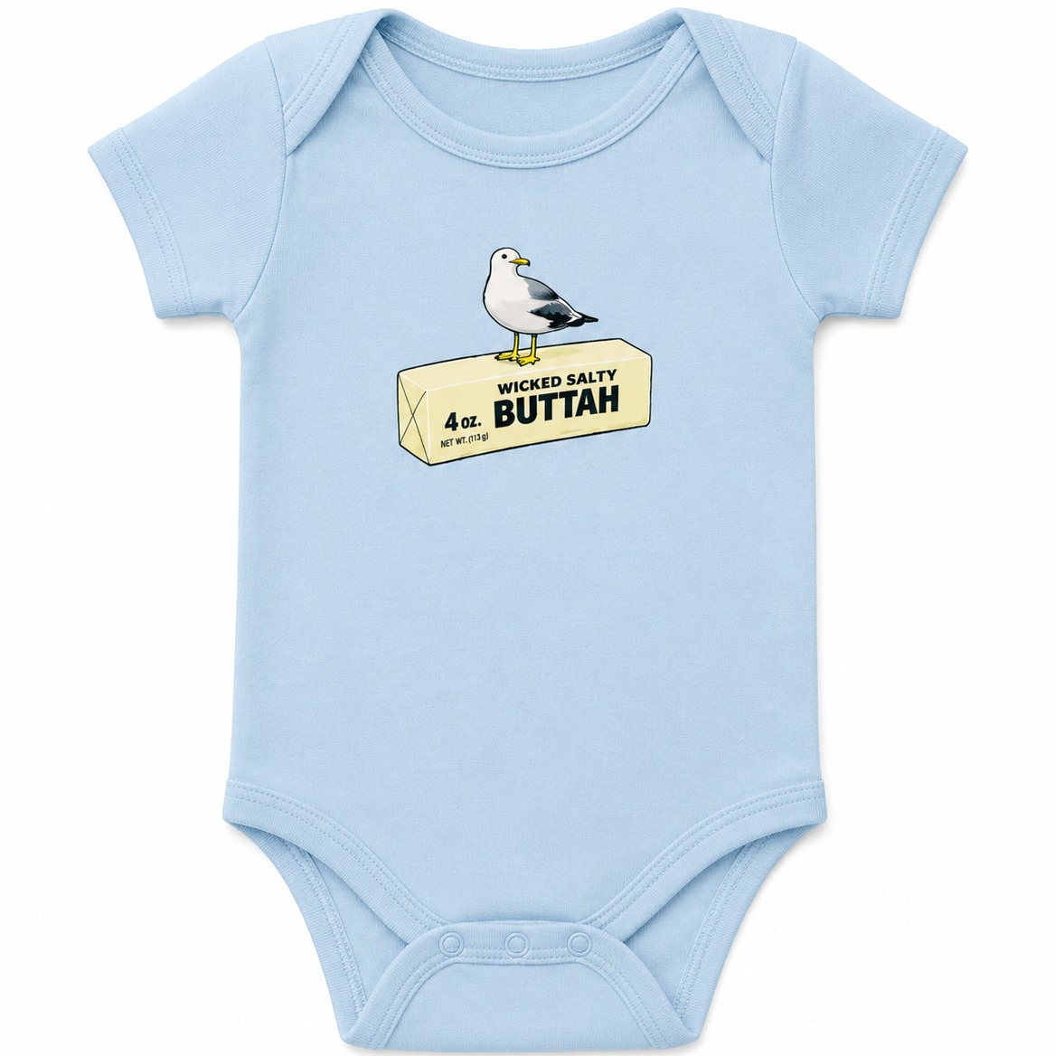 Light blue baby onesie with a graphic of a seagull on a salt block and text.