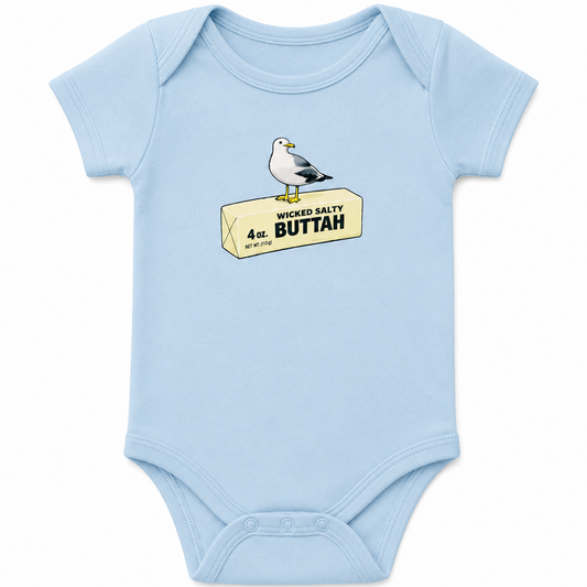 Light blue baby onesie with a graphic of a seagull on a salt block and text.