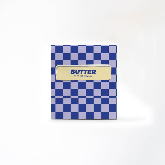 Blue and white checkered box with 'BUTTER' text on a white background