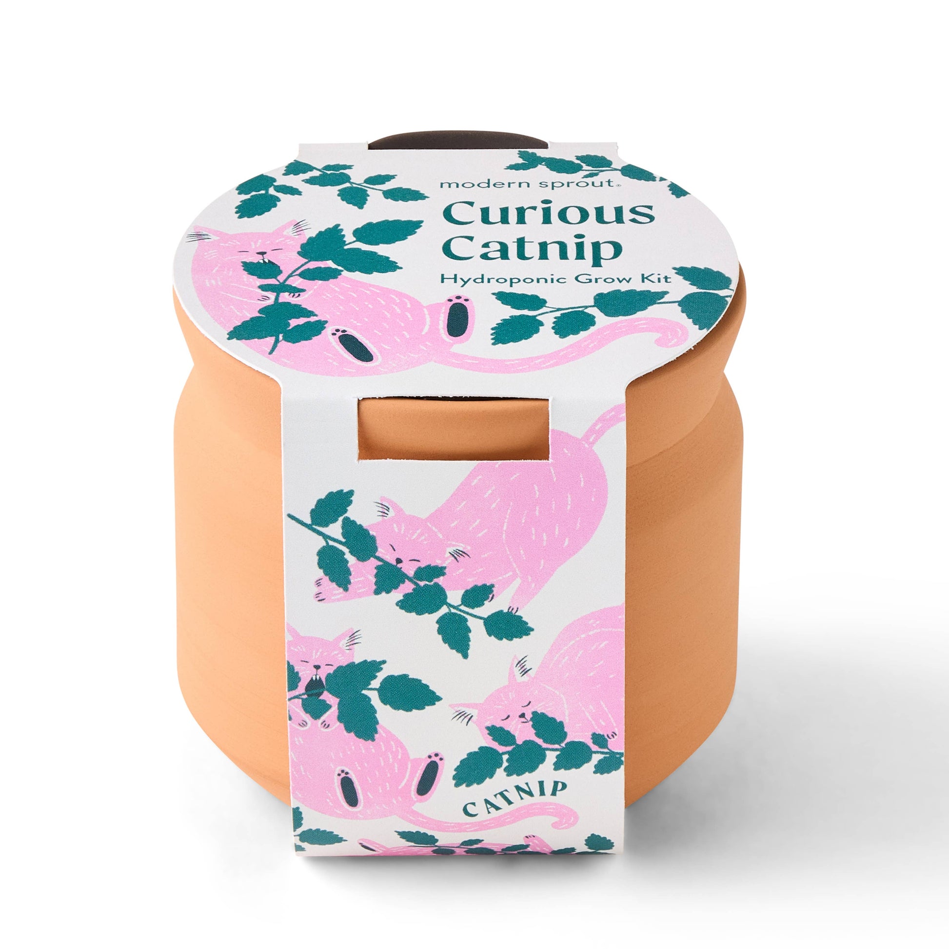 Curious Catnip hydroponic grow kit with pink flamingo design on a white background