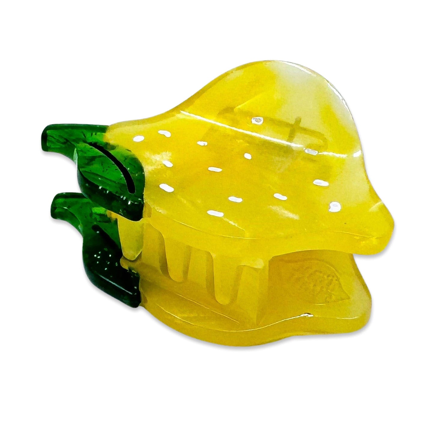 Yellow strawberry-shaped object with a green stem on a white background