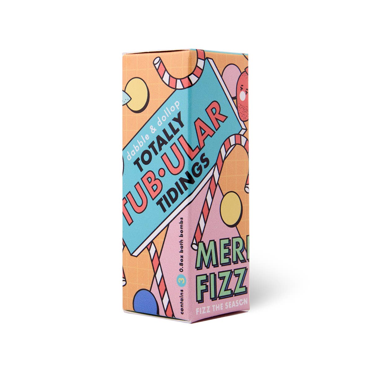 Colorful packaging of 'Totally Tub-ular Tidings' with playful text and graphics on a white background.
