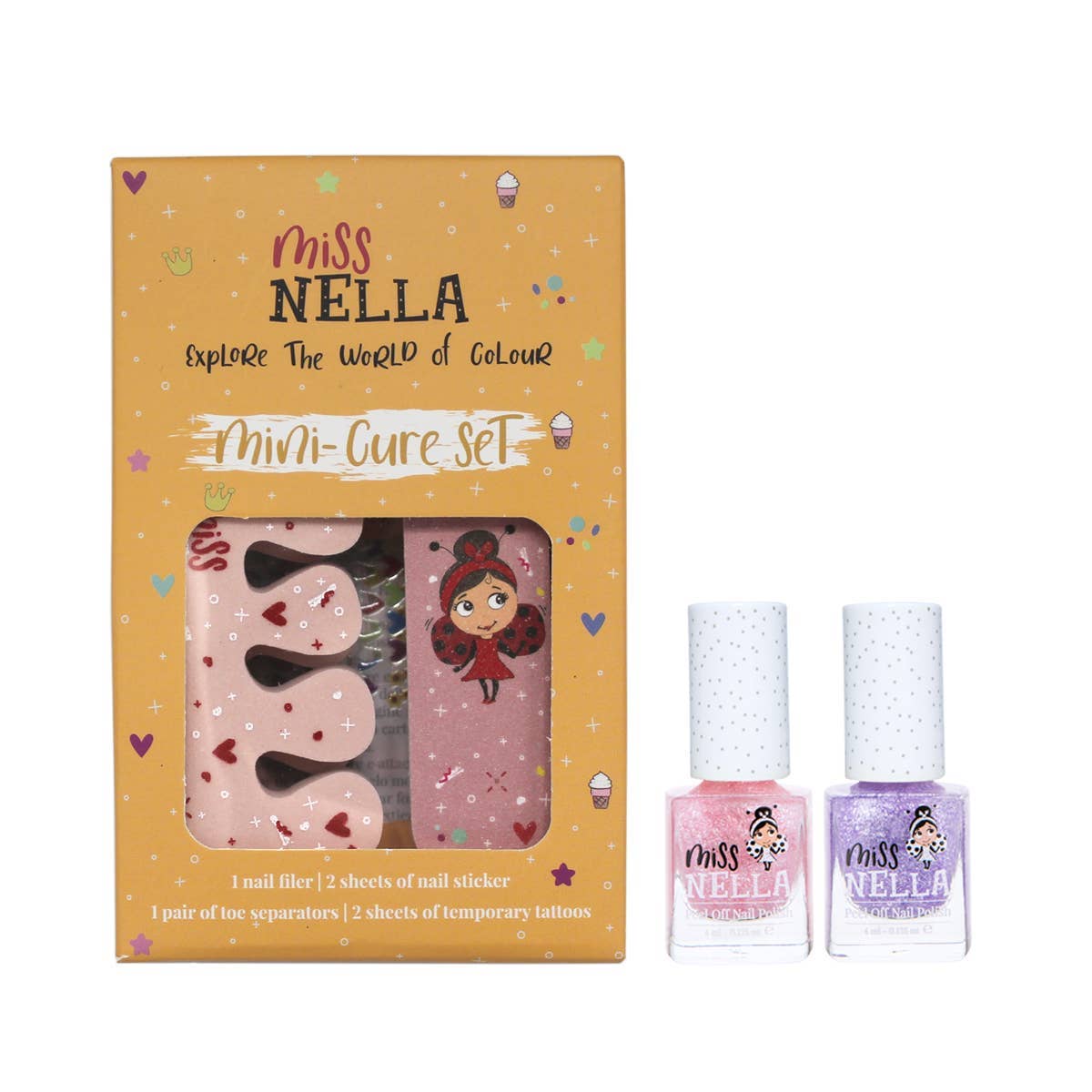Miss Nella mini-cure set with nail file, stickers, and nail polishes on a white background