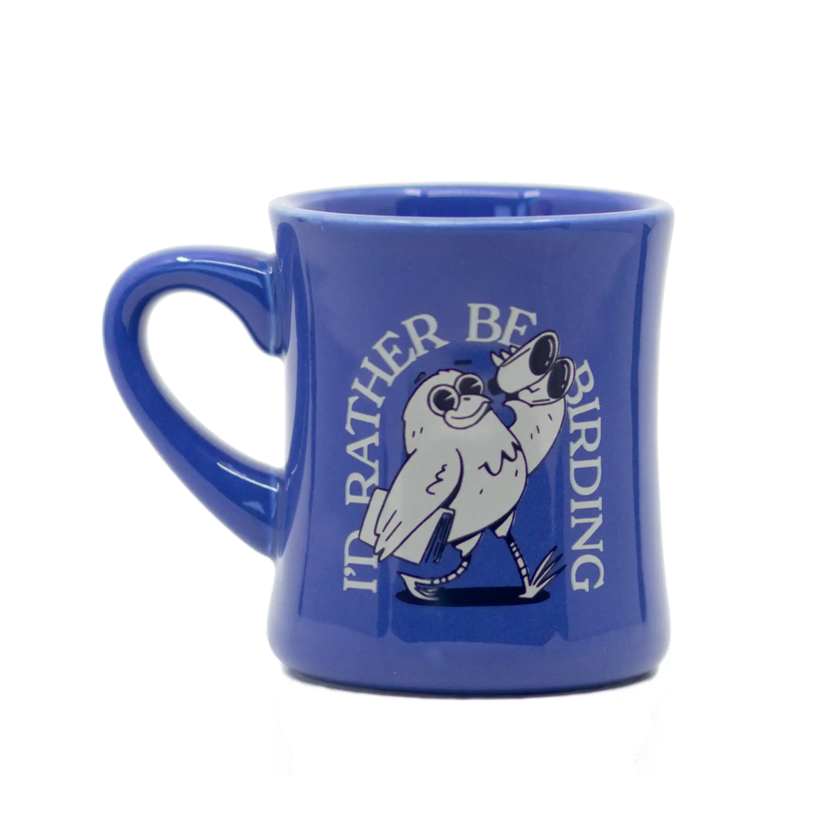 Blue mug with a bird design and text on a white background