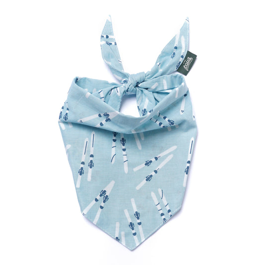 Light blue bandana with white and blue patterns on a white background