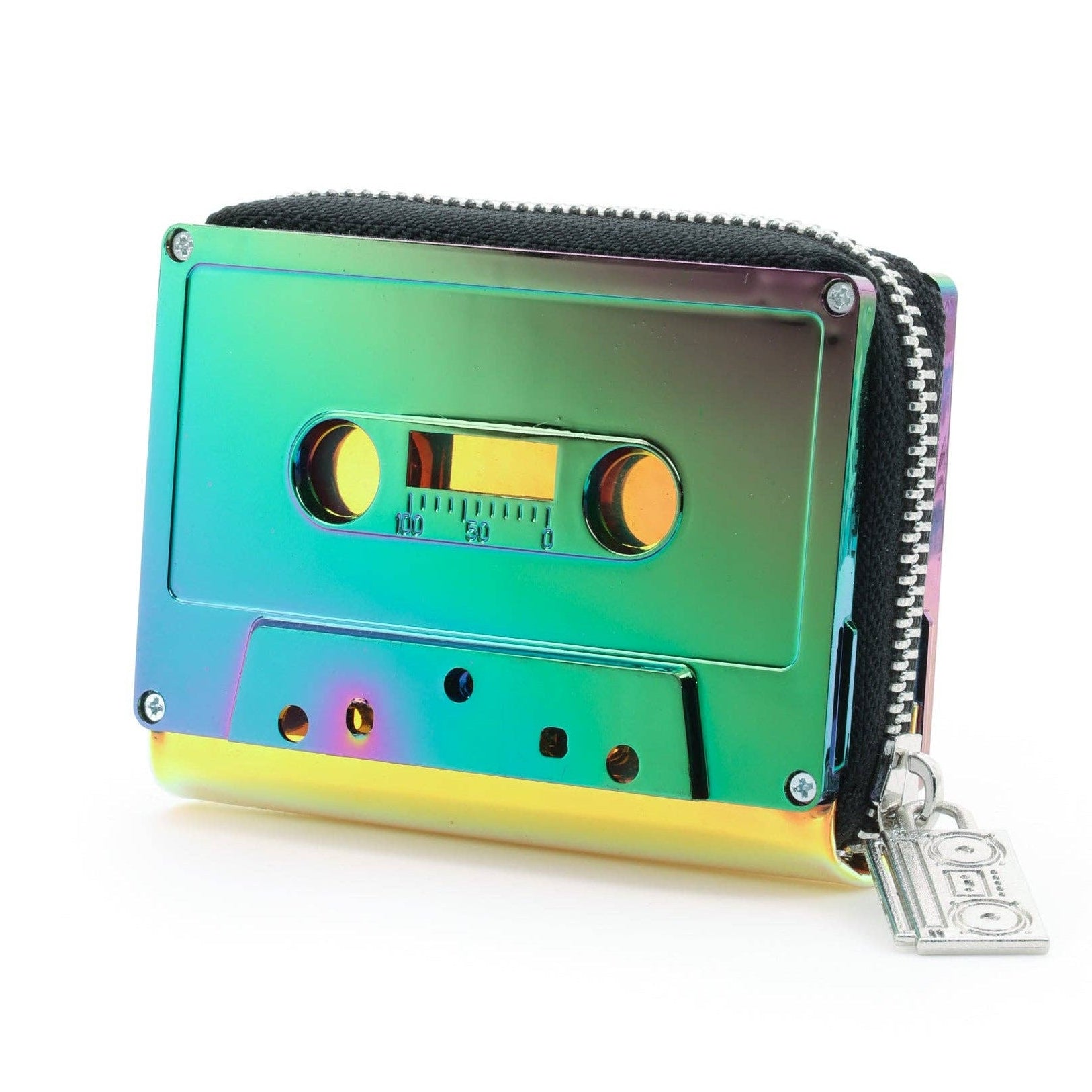 Colorful cassette tape-shaped wallet on a white background