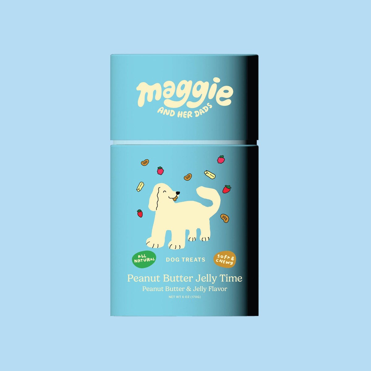 Dog treats packaging with 'maggie and her dogs' branding on a light blue background