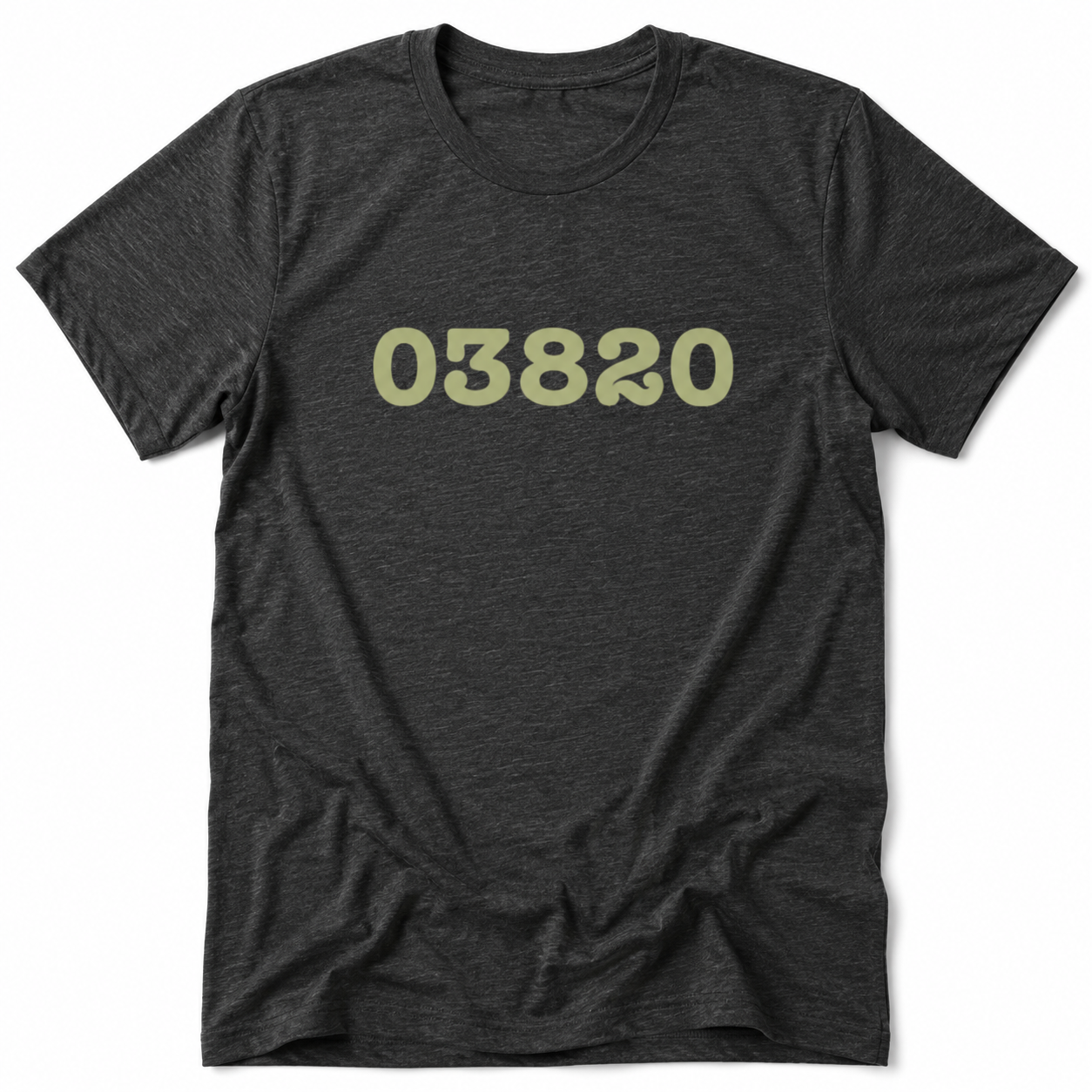 Dark gray t-shirt with '03820' printed in light green on a white background