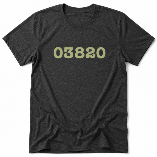 Dark gray t-shirt with '03820' printed in light green on a white background