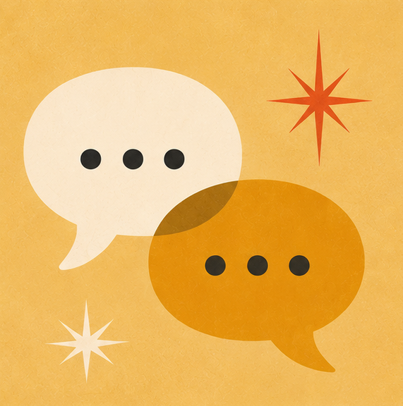 Two speech bubbles with dots on a beige background with starburst designs.