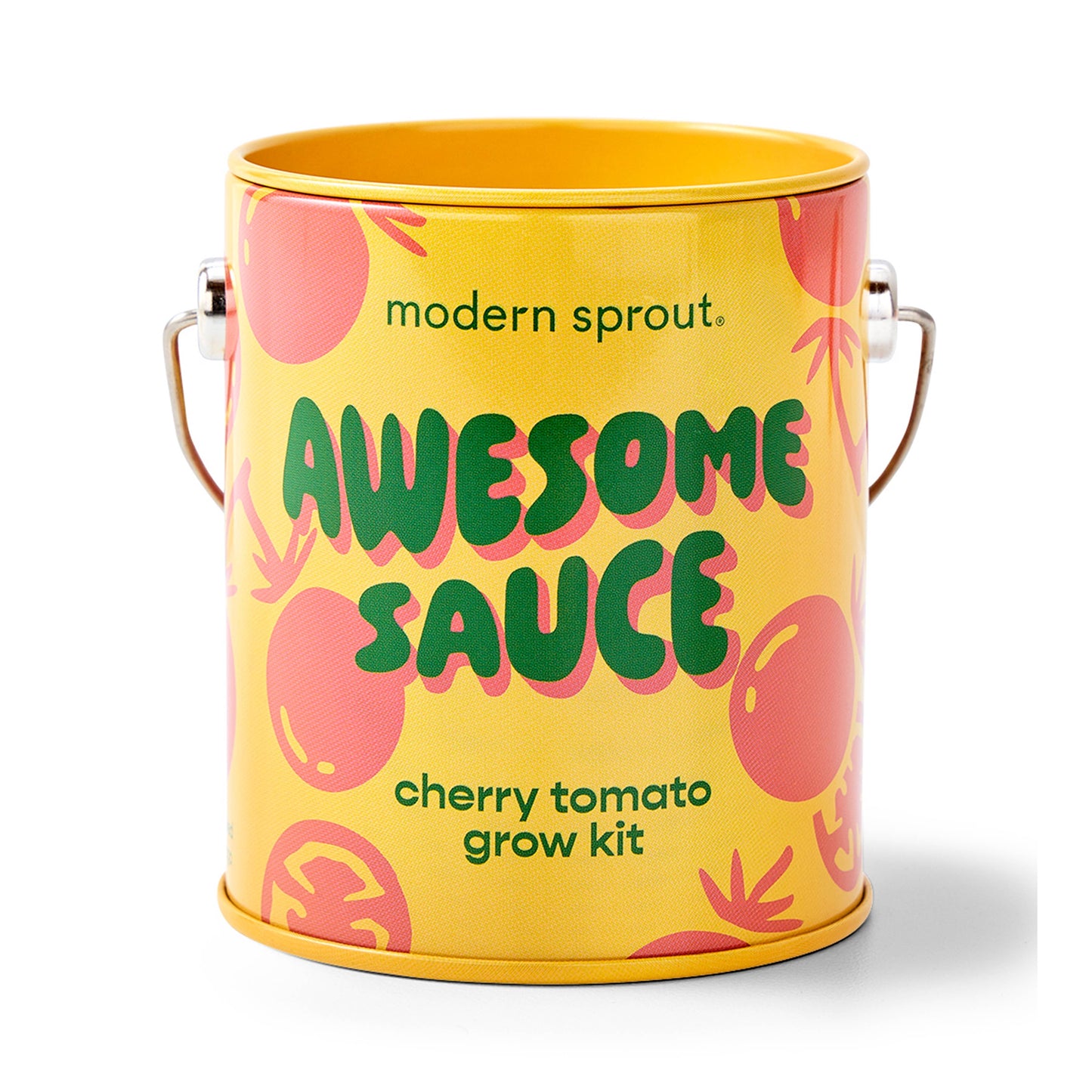 Yellow bucket with 'Awesome Sauce' text and cherry tomato design on a white background