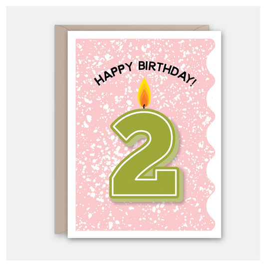 Birthday card with a green number '2' and candle on a pink background